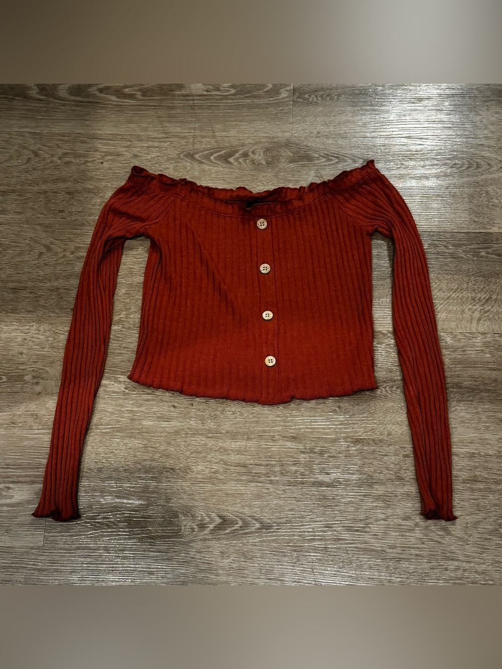 Rue21 Rust Red Ribbed Off-Shoulder Button Crop Top